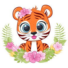 Cute tiger with flowers and a wreath. Vector illustration of a cartoon.