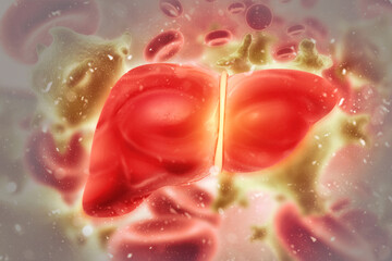 Hepatitis virus with human liver on medical background. 3d illustration