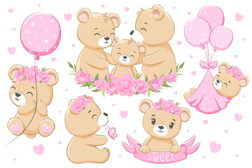 A collection of cute family of bears, for girls. Flowers, balloons and hearts. Cartoon vector illustration.
