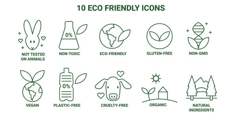 Eco friendly environmental health cruelty-free animals rights not tested on animals vegan gluten-free organic green non-toxic icons set graphic