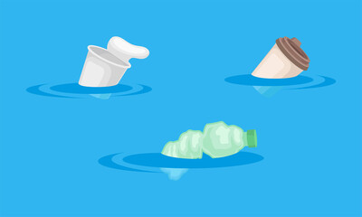 Water polluted with plastic waste. Garbage floating in sea or ocean water. Environmental protection concept vector illustration