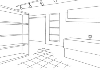 Empty store shop interior black white graphic sketch illustration vector
