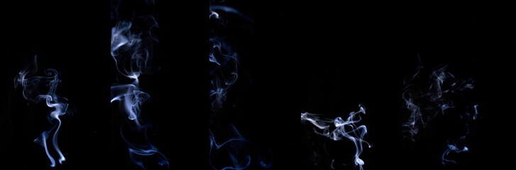 Smoke steam set. Blur white smoke, abstract fog group or steam mist cloud isolated on black background. Steam flow in pollution, vapor cigarette, gas, dry ice.