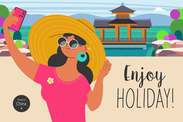Travel on vacation and take selfies in the background of the sights. Enjoy holiday. Vector illustration. - 451154605