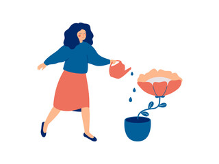 Girl is watering a flower in the pot. Female gardener grows plant. Woman takes care of room floral. Mental health and wellbeing concept. Vector illustration