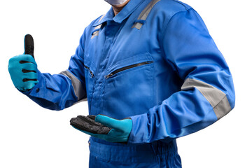 Mechanics or Technician man use hands to receive something isolated on a white background, Mechanics man isolated on a white background With clipping path.