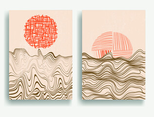 Contemporary art composition . Vector illustration . Modern sunset background . Minimal design brochure . Abstract geometric poster.