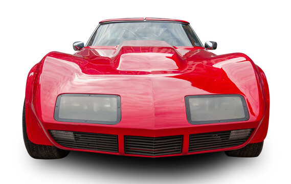 Classical American vintage sports car 1977 Chevrolet Corvette Stingrey. White background. Front view.