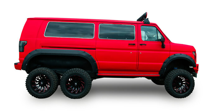 Custom Raptor 6x6 Bus based onFord Econoline Club Wagon. White background.