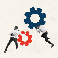 Colored gears. Young manager, finance analyst or clerk working hard at open space isolated on light...