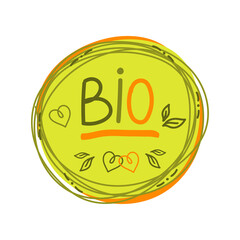 Bio icon, logo or label. Healthy product or food symbol with hand drawn text and leaves. Vector illustration.
