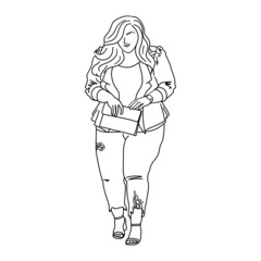 Fat woman. Body positive girl outline sketch. Overweight, plus size women concept. Vector illustration.