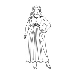 Fat woman. Body positive girl in the dress. Outline sketch. Overweight, plus size woman concept. Vector illustration.