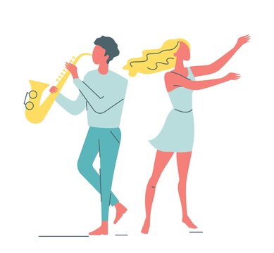 Dancing woman and man playing saxophone. Man playing jazz, soul music