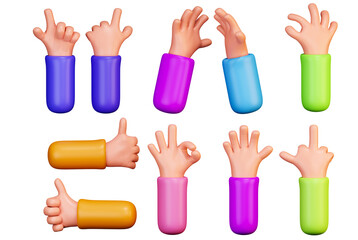 Set of cartoon hands with gestures. Hand gestures in a funny style, 3d rendering isolated on a white background. 3D hands gestures
