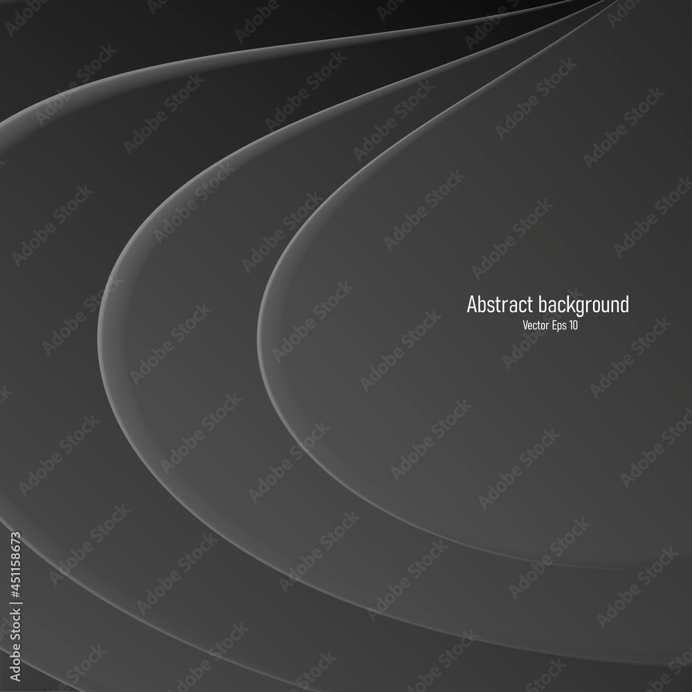 Poster abstract 3d black background, volume curved lines in drop shape, fluid plates creating surface