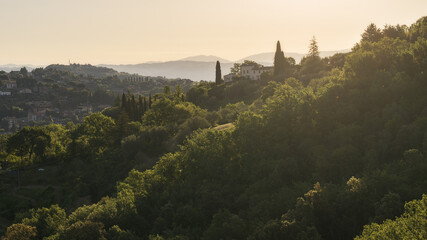 Panorama of the beautiful and green countryside of Perugia during sunrise, Umbria