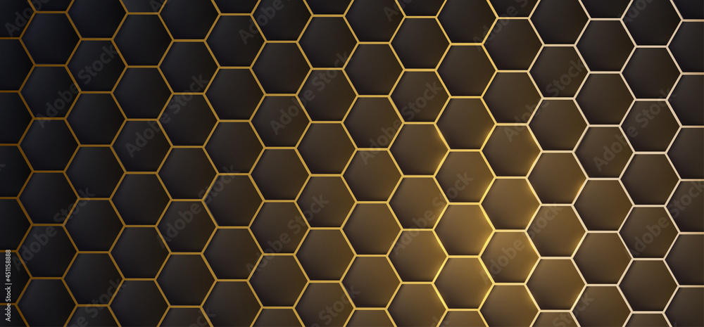 Poster dark realistic 3d texture of hexagon or honeycom, golden structure on black backdrop with light flar