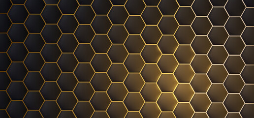 Dark realistic 3d texture of hexagon or honeycom, golden structure on black backdrop with light flare accent