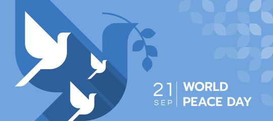 World peace day - white dove flying on layer of dove holding olive branch symbols on blue background vector Design - obrazy, fototapety, plakaty