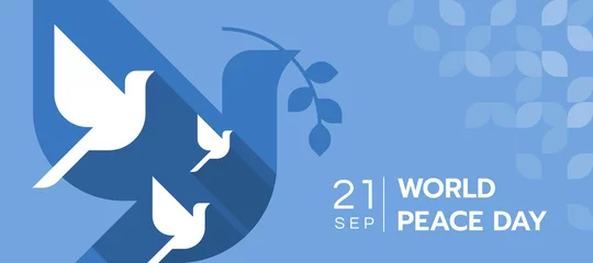 Fotobehang World peace day - white dove flying on layer of dove holding olive branch symbols on blue background vector Design © ananaline