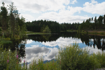 Fototapeta na wymiar Water reservoir in Tay Forest Park in Scotland. Cloud reflections in water. Water along the Carie hiking trail. Beautiful woodlands view. Soft focus.