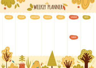 Weekly planner with hand drawn forest elements in scandinavian style - different types on trees, shrubs, anthill, wild herbs, yellow background. Schedule design vector template.