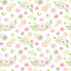 Watercolor seamless pattern with flowers and leaves. Elegant blush and peach color flower heads isolated on white. Hand drawn peony, eustoma plants. Botanical background for wrapping, textile, cards