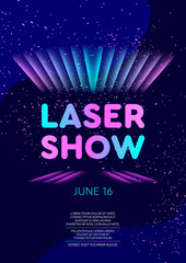 Vertical laser show poster with bright color graphic elements, dark background and text. Vector illustration.