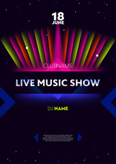 Vertical live music show poster with bright color graphic elements, dark background and text. Vector illustration.