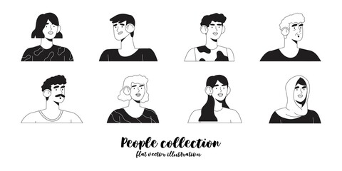 Set of line drawings of trendy young business people or office workers for social media, ui, web site avatars or icons isolated on white background. Diverse character portrait in minimalistic style.