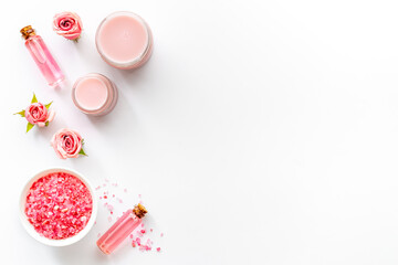 Pink rose aroma oil and sea salt with spa treatment cosmetic for skin care