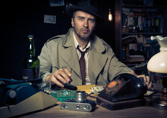 Retro private detective behind the desk, noir cinematic scene