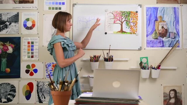 Drawing class online lady explains art details in classroom Spbas