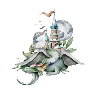 recommend clip art: Cute green flying dragon Mythical dragon fairy with castle Hand drawn watercolor nursery Isolated illustration on white background. Chinese symbol. Fantasy dragon
