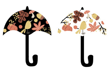 Vector cartoon set of cute autumn umbrellas with bird, leaves, mushrooms isolated on white background for cute postcard, logo, for the design of a children`s room, for invitations, greeting cards