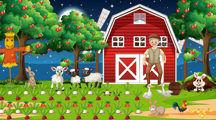 Obraz na płótnie Canvas Farm scene at night with old farmer man and cute animals