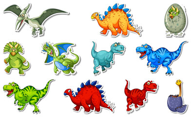 Obraz premium Sticker set with different types of dinosaurs cartoon characters