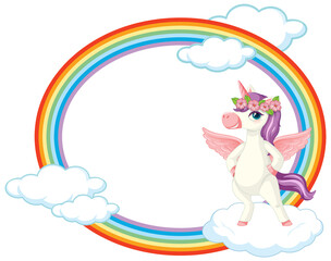 Rainbow frame with cute unicorn cartoon character