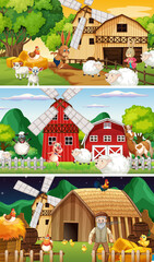 Different farm scenes with old farmer and animal cartoon character