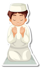A sticker template with Muslim boy sitting on rug and praying