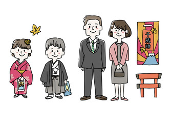 七五三の着物を着た子供と両親、千歳飴と鳥居のイラストセット