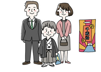 千歳飴と七五三の着物を着ている男の子と両親