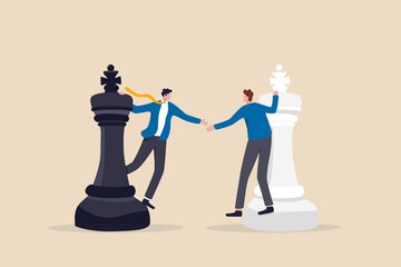 Negotiation strategy, win-win situation, partnership instead of confrontation in competition, merger or agreement concept, businessman competitors standing on chess handshaking after finish agreement. - obrazy, fototapety, plakaty