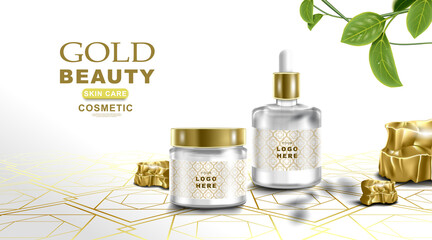 Cosmetic product mockup white and gold color background.