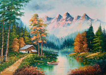 Original oil painting The Cottage and the mountain river