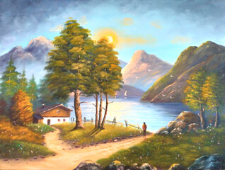 Original oil painting The Cottage on the lake