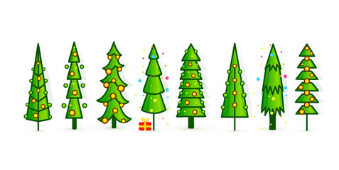 Christmas tree vector icons set, new year pine icon with balls decorated. Vector illustration