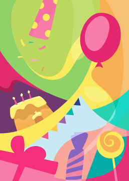 Colorful Happy Birthday poster. Holiday postcard design in flat style.