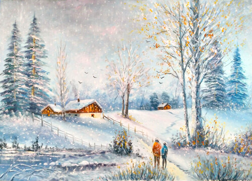 Original oil painting The winter cottage 